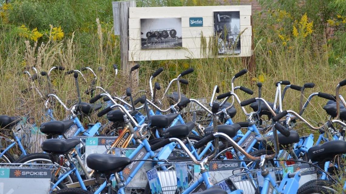 Pictured are 27 bikes purchased for a bike-share program in Conway.
