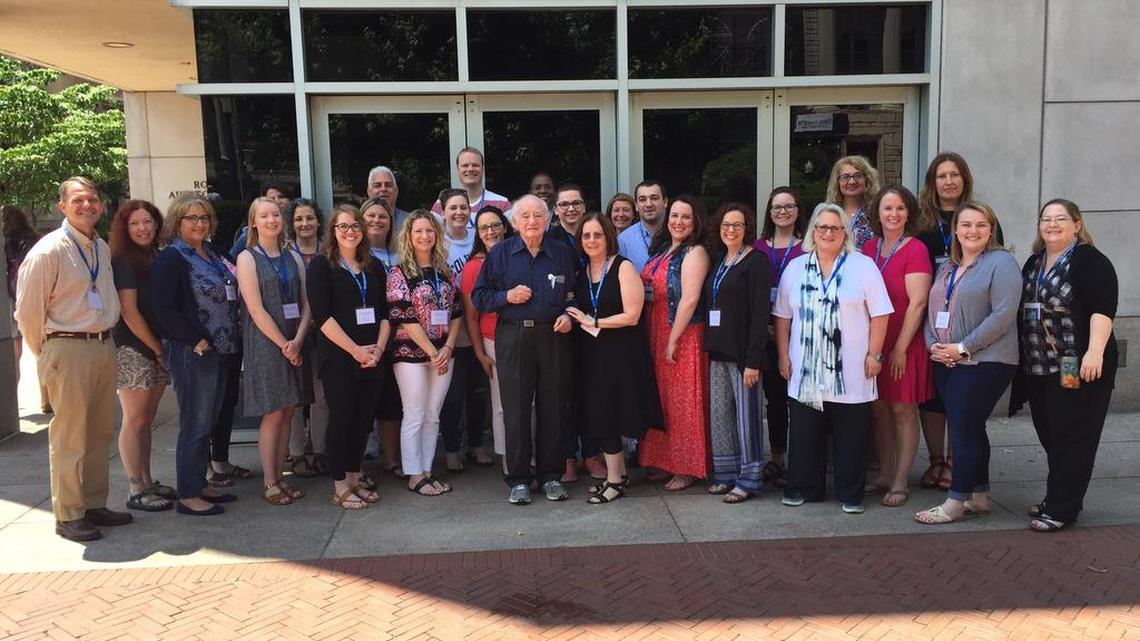 The 2017 Lerner Fellows group attending the Jewish Foundation for the Righteous’ Summer Institute for Holocaust Education, at Columbia University in New York, included Andria Hejl (second from left), from Coastal Montessori Charter School, in Pawleys Island, and Roman Kent, a Holocaust survivor (center, front), president of the Jewish Foundation for the Righteous.