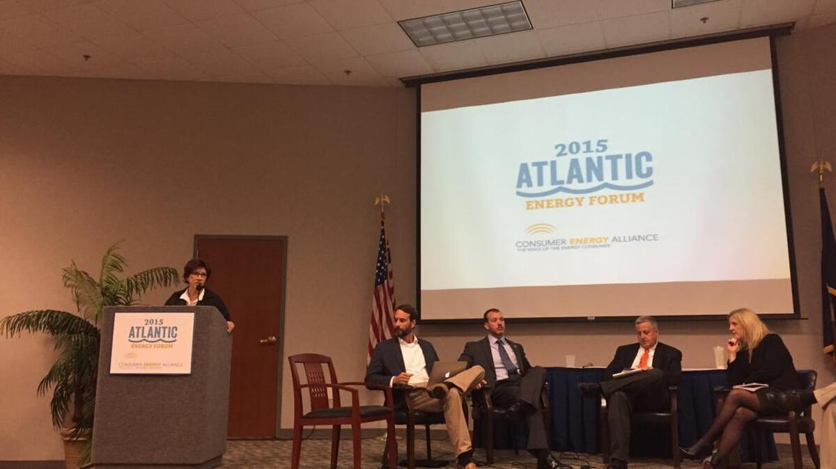Abigail Hopper, director of the U.S. Bureau of Ocean and Energy Management, participates in panel discussion Tuesday in Columbia. She is in the far right of the picture. The panel discussion was sponsored by pro-drilling interests but attracted a crowd opposed to drilling.