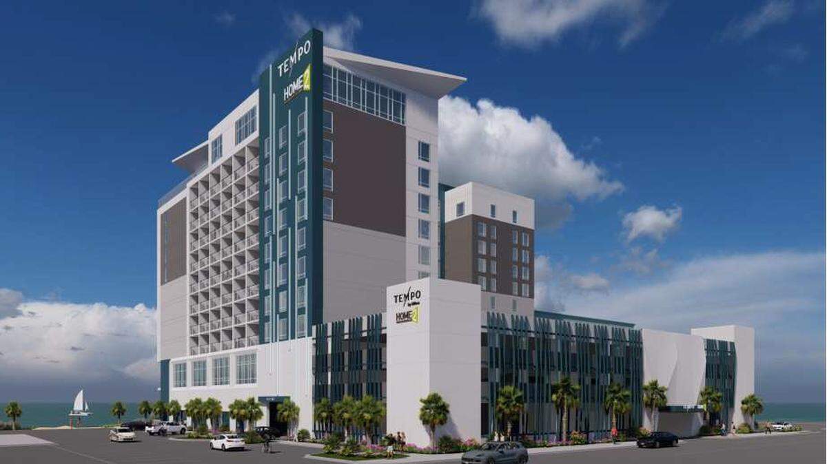 An artist’s rendering of the blended Hilton brand hotels that could occupy a 12-story high rise in downtown Myrtle Beach, provided by the city on May 31, 2023.