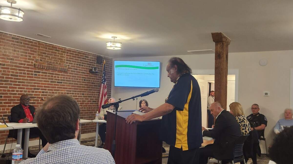 Waccamaw Indian People chief Harold Hatcher urges the Conway city council on Feb. 6, 2023 to support efforts at abolishing Columbus Day in South Carolina.