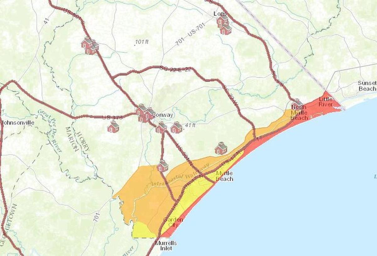 This map shows various evacuation zones in Horry County as well as shelter locations.