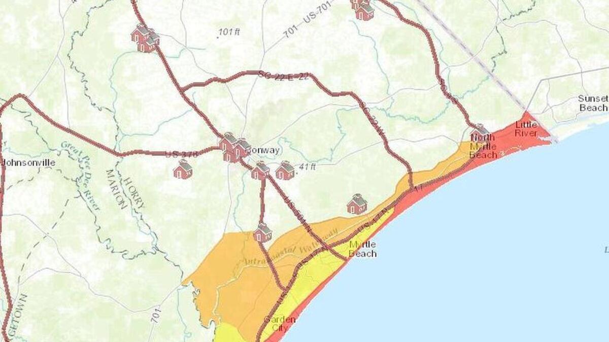 This map shows various evacuation zones in Horry County as well as shelter locations.