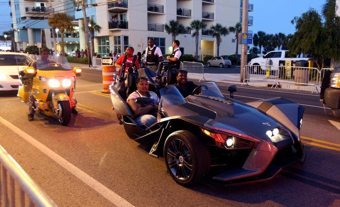 A Slingshot is caught in traffic in Myrtle Beach during Atlantic Beach Bikefest on Friday, May 22, 2015. He said the bike is at least six feet high.