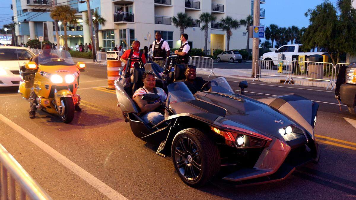 A Slingshot is caught in traffic in Myrtle Beach during Atlantic Beach Bikefest on Friday, May 22, 2015. He said the bike is at least six feet high.