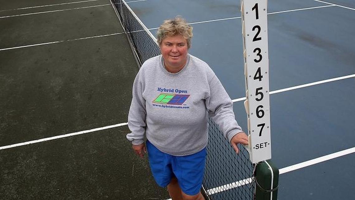 Renata Marcinkowska – shown here with her patented hybrid tennis court – was inducted into the South Carolina Tennis Hall of Fame in December.
