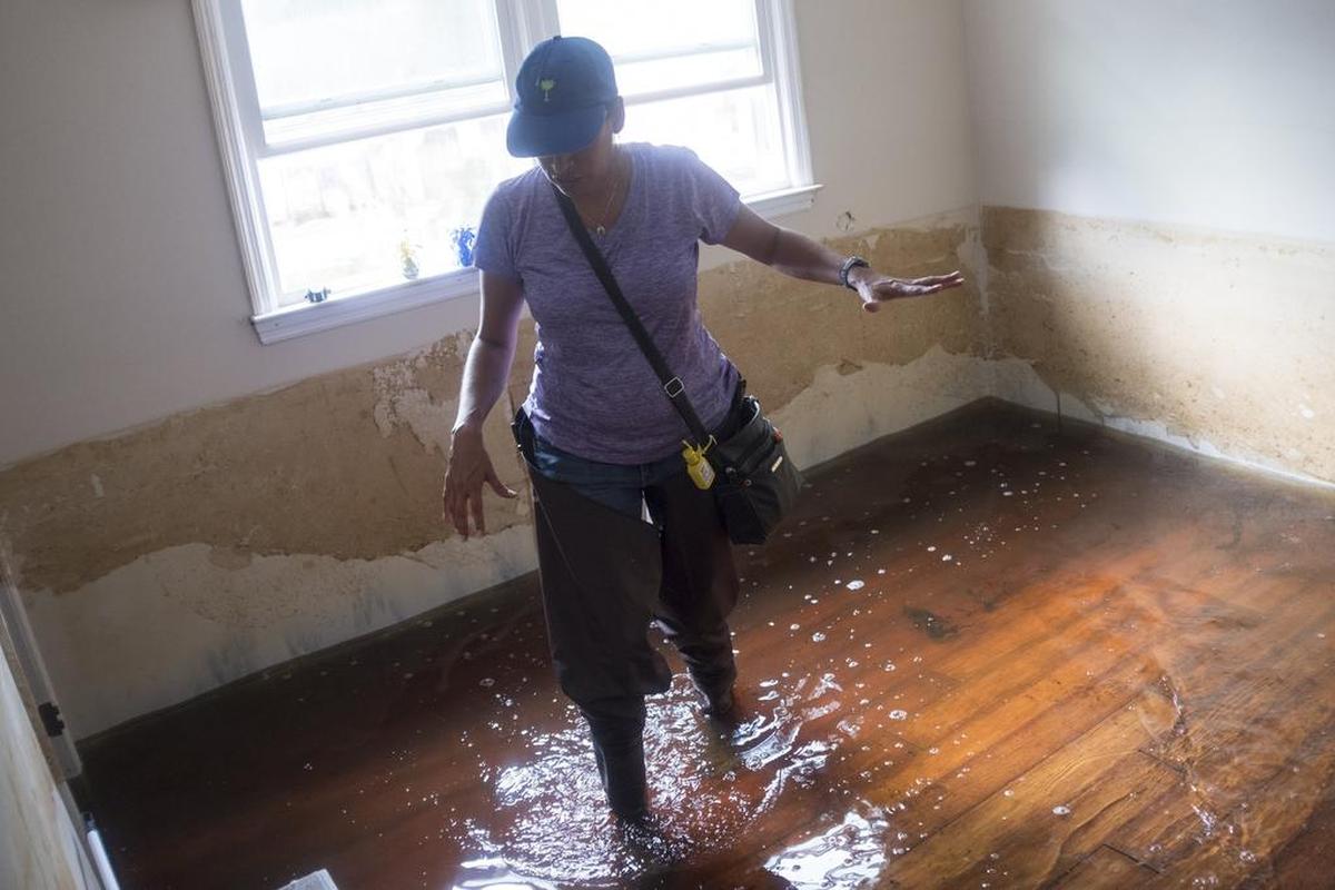 Suzy Centeno Hanson wades into her Rosewood home for the first time since abandoning it to rising flood waters. Hanson was also flooded in the 2016 flood waters of Hurricane Matthew. While much of the Rosewood community in Socastee in still under water from Hurricane Florence’s flooding, a few residents were able to return to assess the damage and begin cleaning on Tuesday October 2, 2018.
