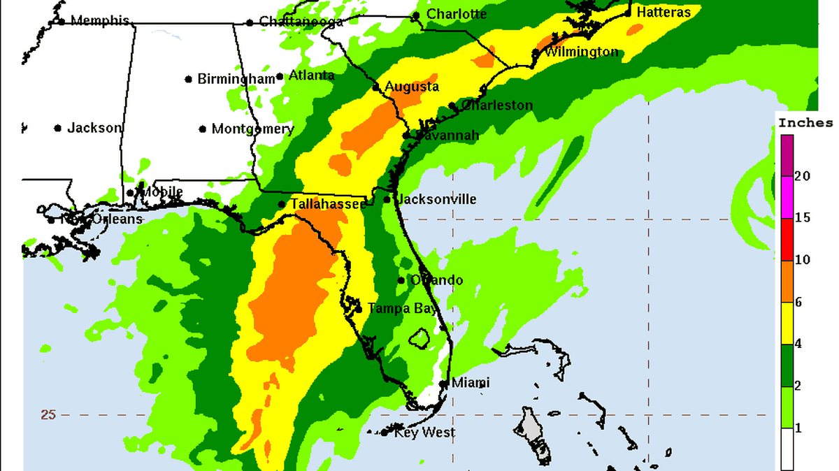 The National Weather Service published a forecast of possible rain levels ahead of Hurricane Idalia’s projected landfall on Aug. 29, 2023.