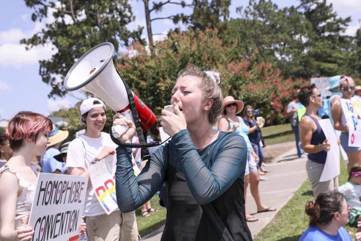 Protesters lined the sidewalk outside of the auditorium where Vice President Mike Pence visited Coastal Carolina University to campaign for incumbent Gov. Henry McMaster on Saturday in Conway, SC. McMaster is facing a runoff against John Warren on Tuesday, and the Trump administration is supporting the incumbent candidate. June 23, 2018.