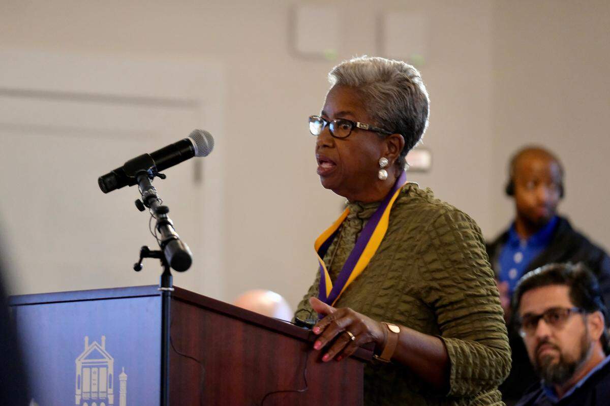 Whittemore Racepath Historical Society president Cheryl Adamson urges the Conway City Council on March 13, 2023 not to move forward with plans to demolish the former Whittemore Elementary School, which was heavily damaged in a recent fire.