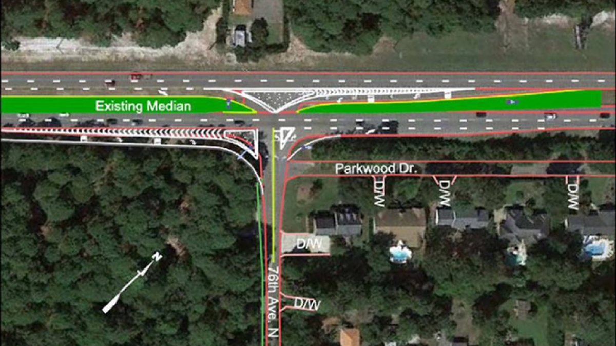 
Conceptual sketch of proposed intersection construction at 76th Ave. N. along U.S. 17 Bypass.
