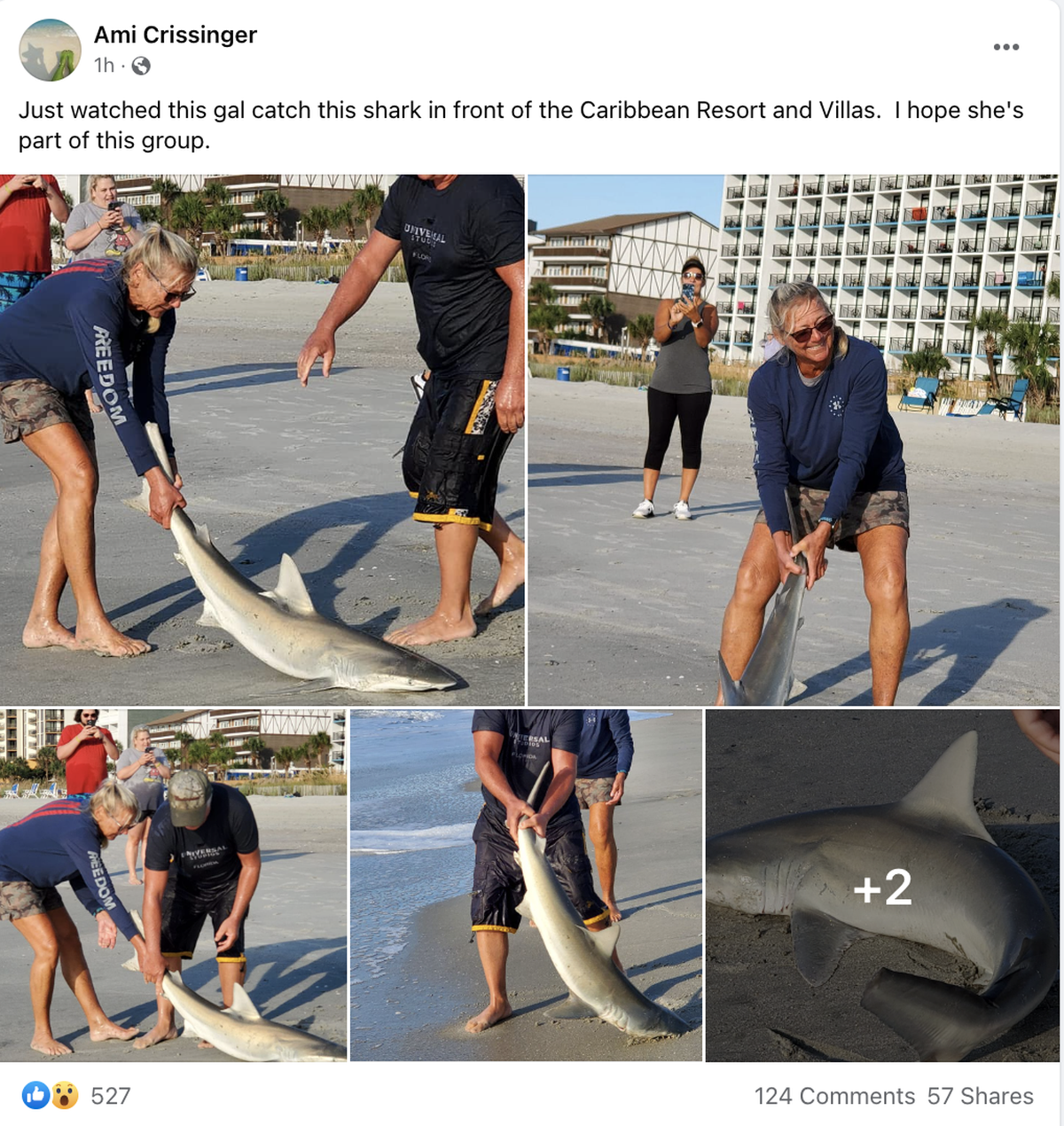 A screenshot of a Facebook post showing a woman who caught a shark in front of the Caribbean Resort and Villas in Myrtle Beach. September 15, 2022.
