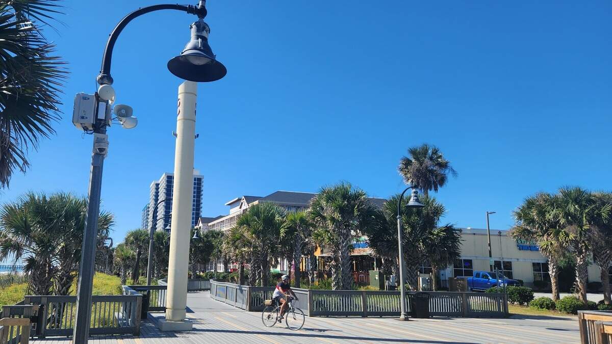 Loudspeakers like the pair seen in this photo are lined along utility poles on the boardwalk in downtown Myrtle Beach ahead of Winter Wonderland, which runs from Nov. 24 through Jan. 1.