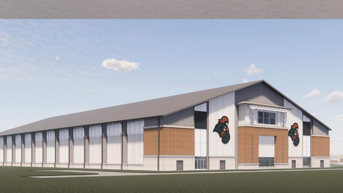 Artist’s renderings show the possible exterior of a $20 million indoor practice facility at Coastal Carolina University. Officials expect it to open in January 2025.