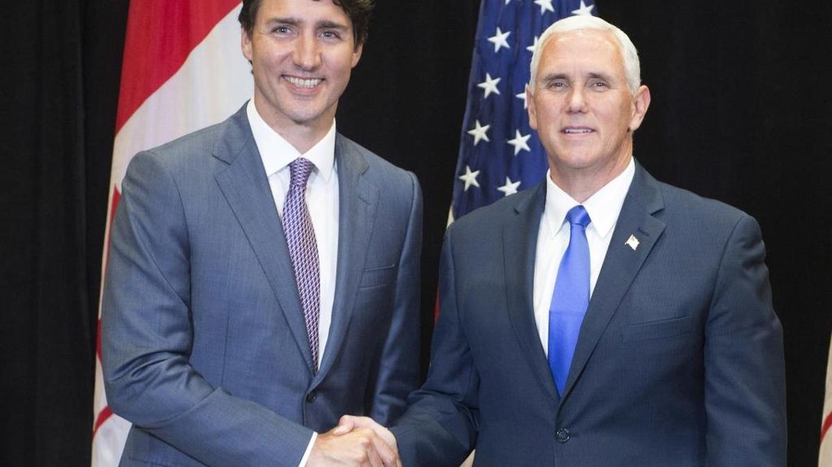 Canada's Prime Minister Justin Trudeau meets with United States Vice President Mike Pence at the National Governors Association special session called "Collaborating to Create Tomorrow's Global Economy," in Providence, R.I., Friday.