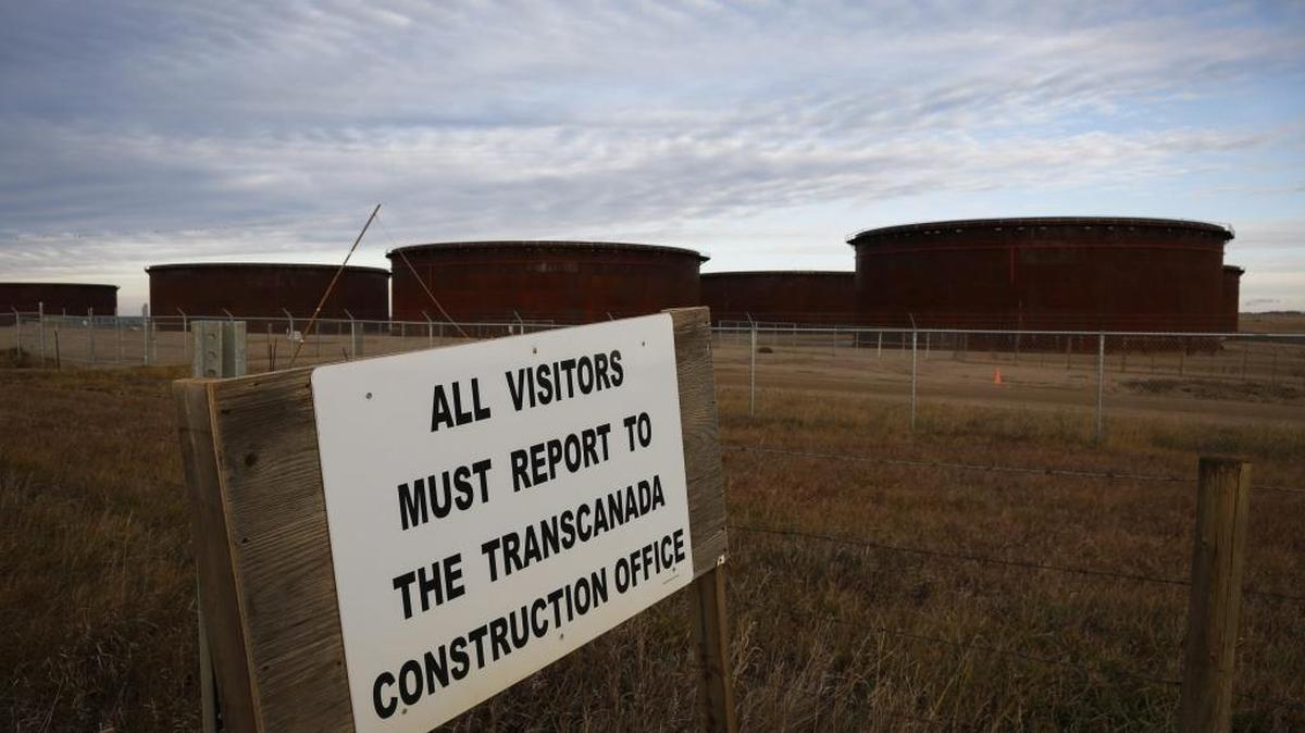 A sign is posted in front of TransCanada’s Keystone pipeline facilities are in Hardisty, Alberta.