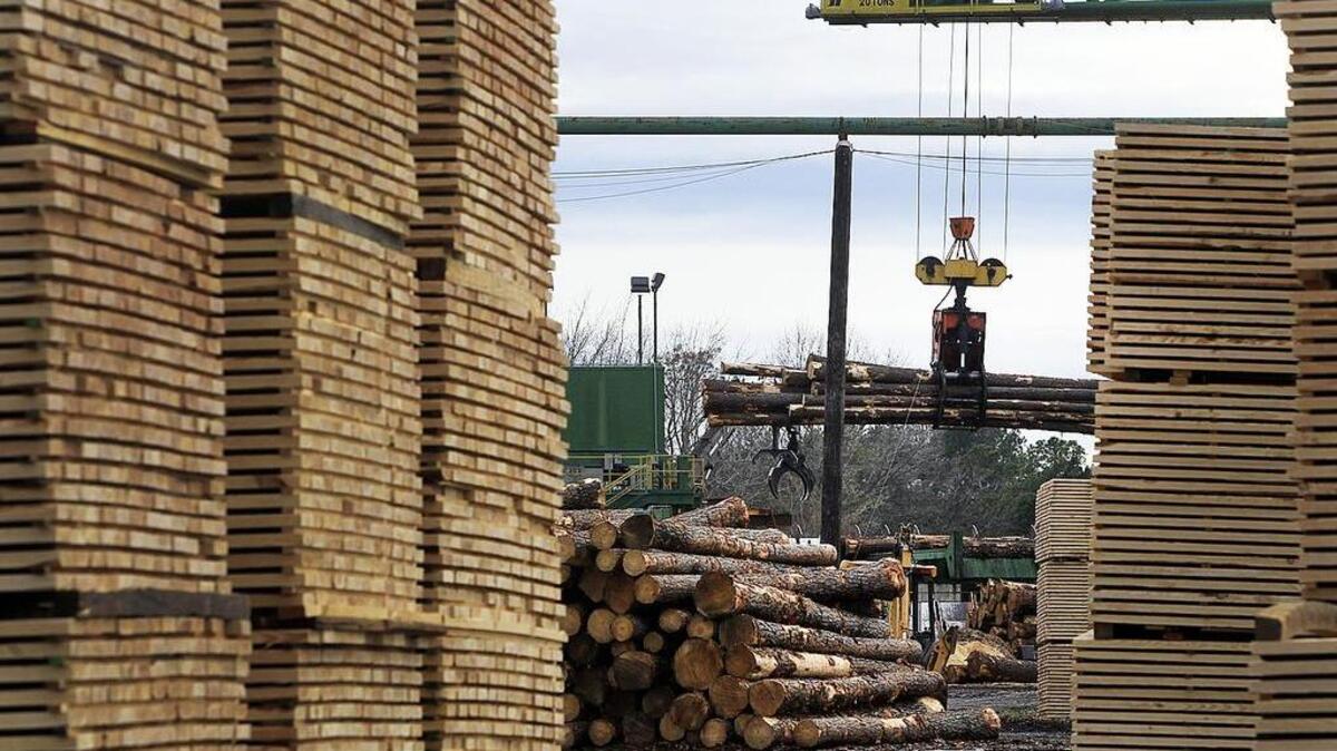 A large crane is used to unload the trucks of the raw logs as they come into the lumber yard. After the cut trees have been unloaded from the trucks it is placed on conveyor belts that then carries it through to be processed. Some of the the Pine trees are made into telephone poles while the rest is cut into lumber. The lumber is dried then shipped out to customers. The wood chips are sent over seas to a plant in Turkey to be reprocessed for other purposes. Lumber Products, LLC in Allendale, S.C.