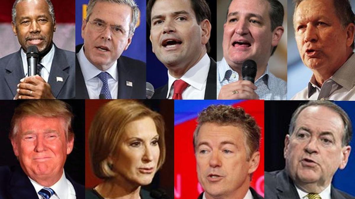 TOP ROW (l to r) Ben Carson, Jeb Bush, Marco Rubio, Ted Cruz, John Kasich. BOTTOM ROW (l to r) Donald Trump, Carly Fiorina, Rand Paul, Mike Huckabee