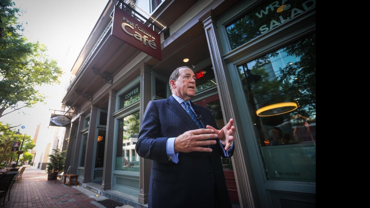 2016 presidential hopeful former Arkansas Gov. Mike Huckabee visited the S.C. House GOP Caucus at the First Citizens Cafe on Main Street Tuesday. He told supporters he is the only GOP candidate who can beat Hillary Clinton in the general election.
