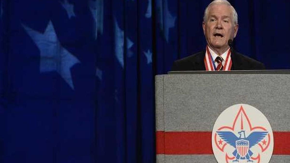 
Former Defense Secretary Robert Gates addresses the Boy Scouts of America's annual meeting in Nashville, Tenn., in May 2014, after being selected as the organization’s new president. The executive committee of the Boy Scouts of America has unanimously approved a resolution that would end the organization’s blanket ban on gay adult leaders and let individual scout units set their own policy on the long-divisive issue. The committee action follows an emphatic speech in May by the BSA’s president, who declared that the longstanding ban on participation by openly gay adults was no longer sustainable.
