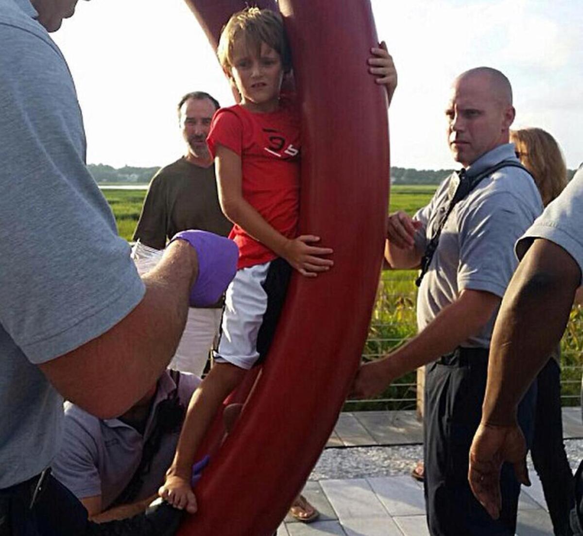 
Jacob Andersen, 7, of Bluffton, became stuck in a sculpture at Shelter Cove Community Park on Aug. 1, 2015. Hilton Head Fire & Rescue firefighters were able to free his knee after about an hour.
