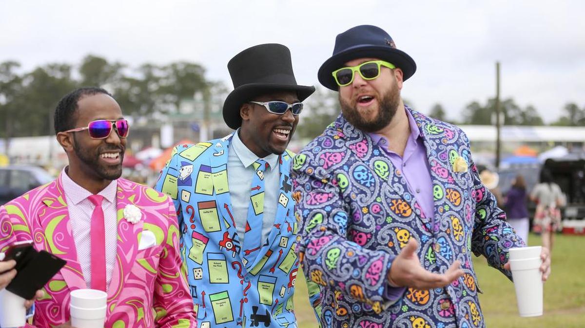 Ron Cohen, Devin Taylor and Adam Ruonala attend the 2016 Carolina Cup wearing custom-made suits.