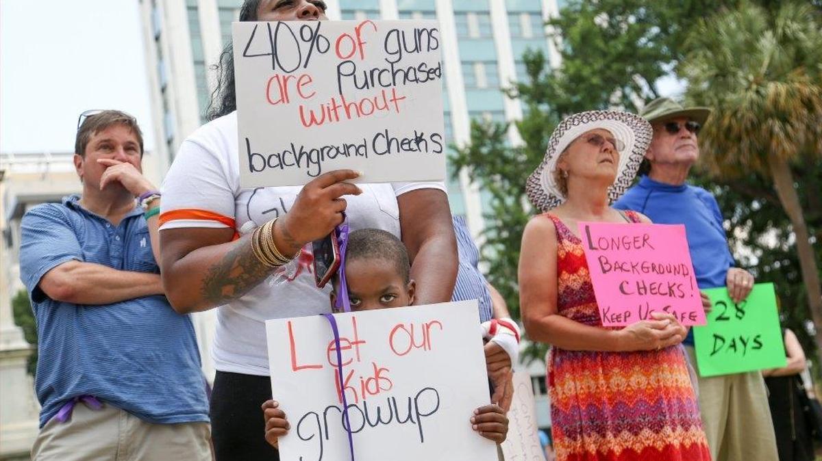 Samoya Hall-Gray and her son, Jimmy Horton-Gray, 5, of Charleston participate in a rally encouraging the passage of legislation increasing the waiting period to purchase a hand gun to 28 days.