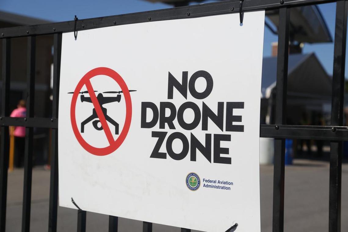 A sign lets people know not to fly drones at the South Carolina State Fair. No Drone Zone
