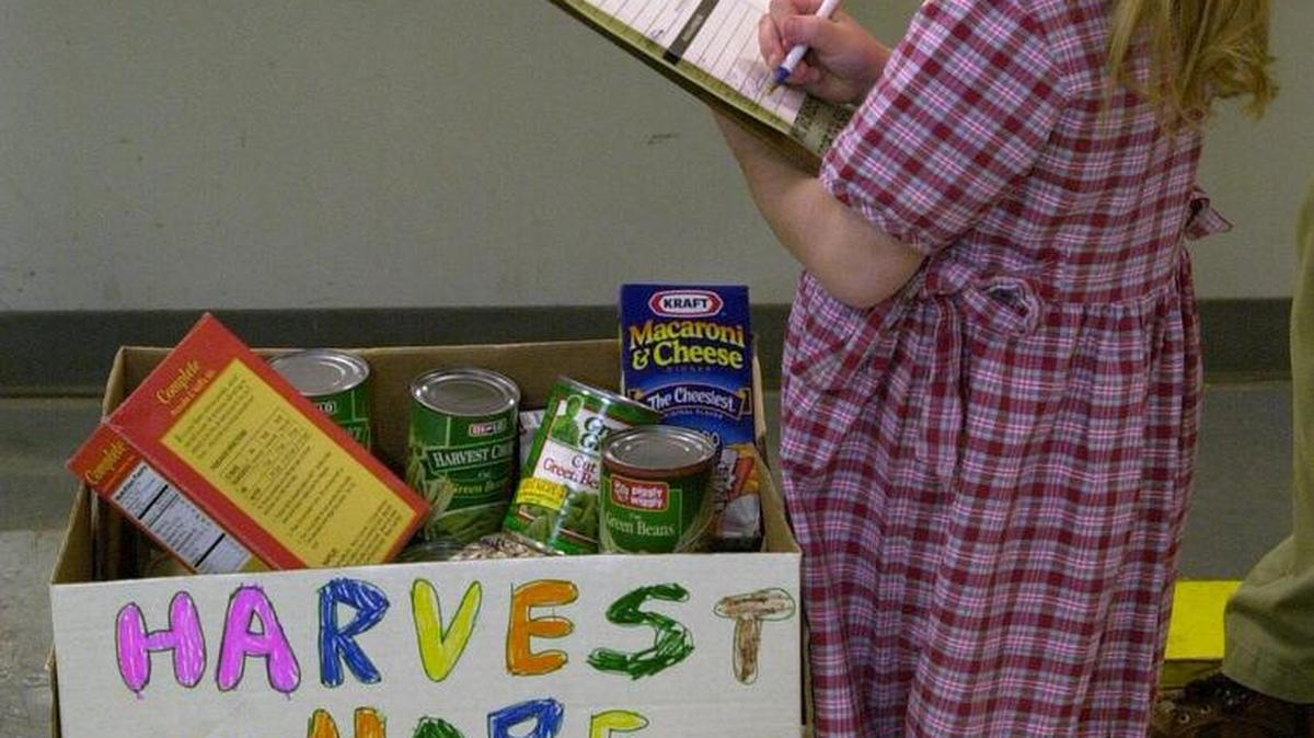 Donors as young as then-5-year-old Mary Louise King have to fill out paperwork for their contributions to Harvest Hope Food Bank during its 20-year anniversary.