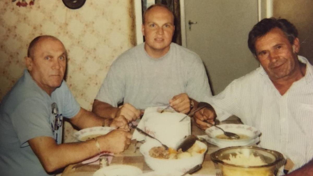 Bob Beres (center) with his father and uncle in Kisvárda, Hungary.