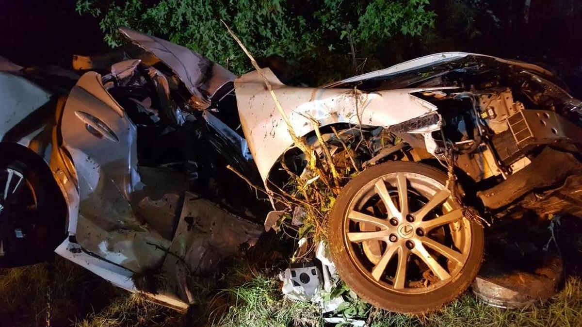 The wreck of a Lexus after it crashed off the Interstate 95 exit 22 ramp June 2, 2016, killing three teen-age boys and putting a fourth in a Savannah hospital. The car was clocked by a law enforcment officer going 109 mph.