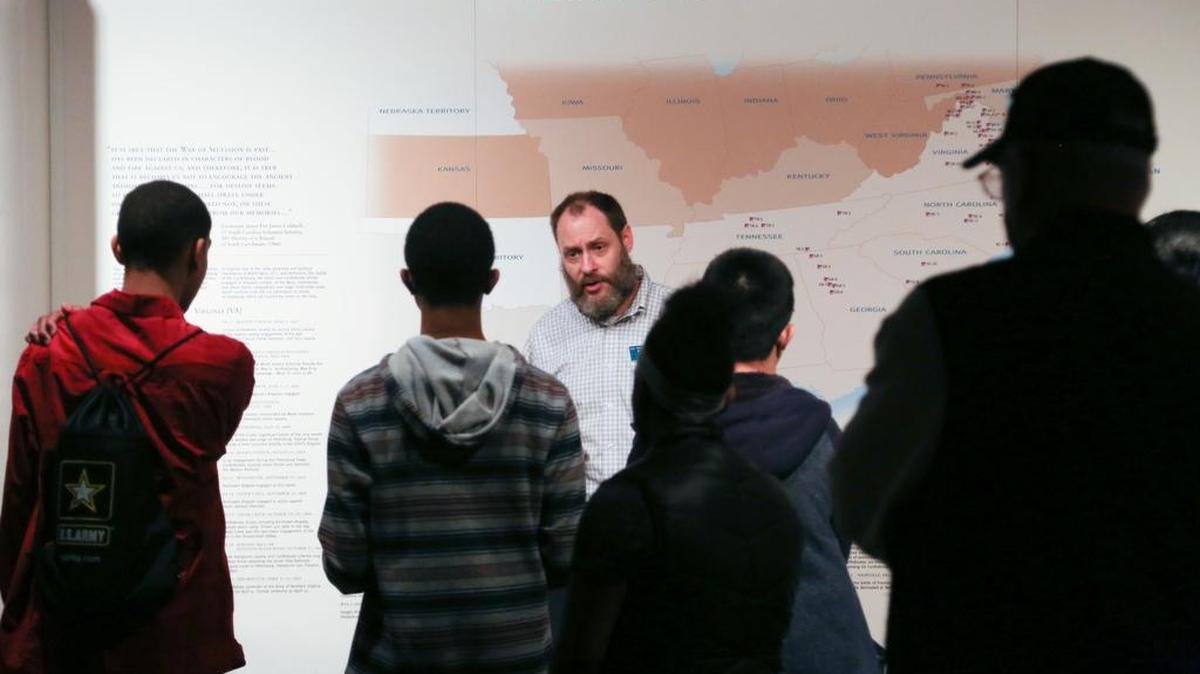 Curator of education, Joe Long, talks to students about South Carolina war-time history during a tour of the S.C. Confederate Relic Room and Military Museum. The museum is the oldest accredited museum in South Carolina with a history dating back 120 years.