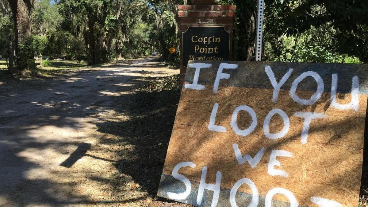 A warning to would-be looters at the entrance of Coffin Point Plantation on St. Helena Island.