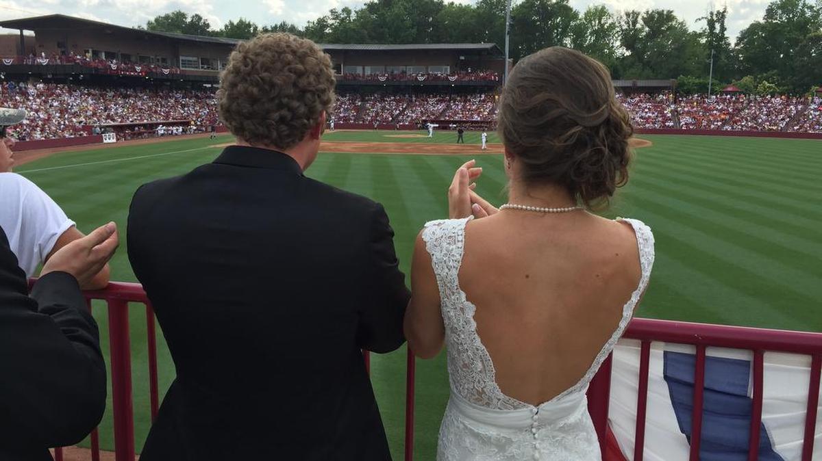 Newly weds Justin and Kelsey Kata stop by Founders Park after ceremony