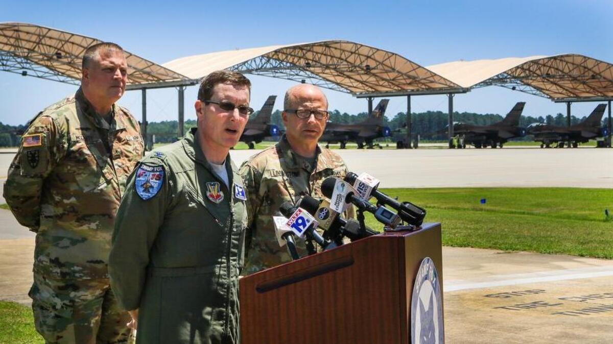 Brig. Gen. Van McCarty, Col. Nicholas Gentile and Adjutant General Robert Livingston hold a news conference at McEntire Joint National Guard Base on Wednesday to discuss the two SC Air National Guard jets that collided in Georgia.