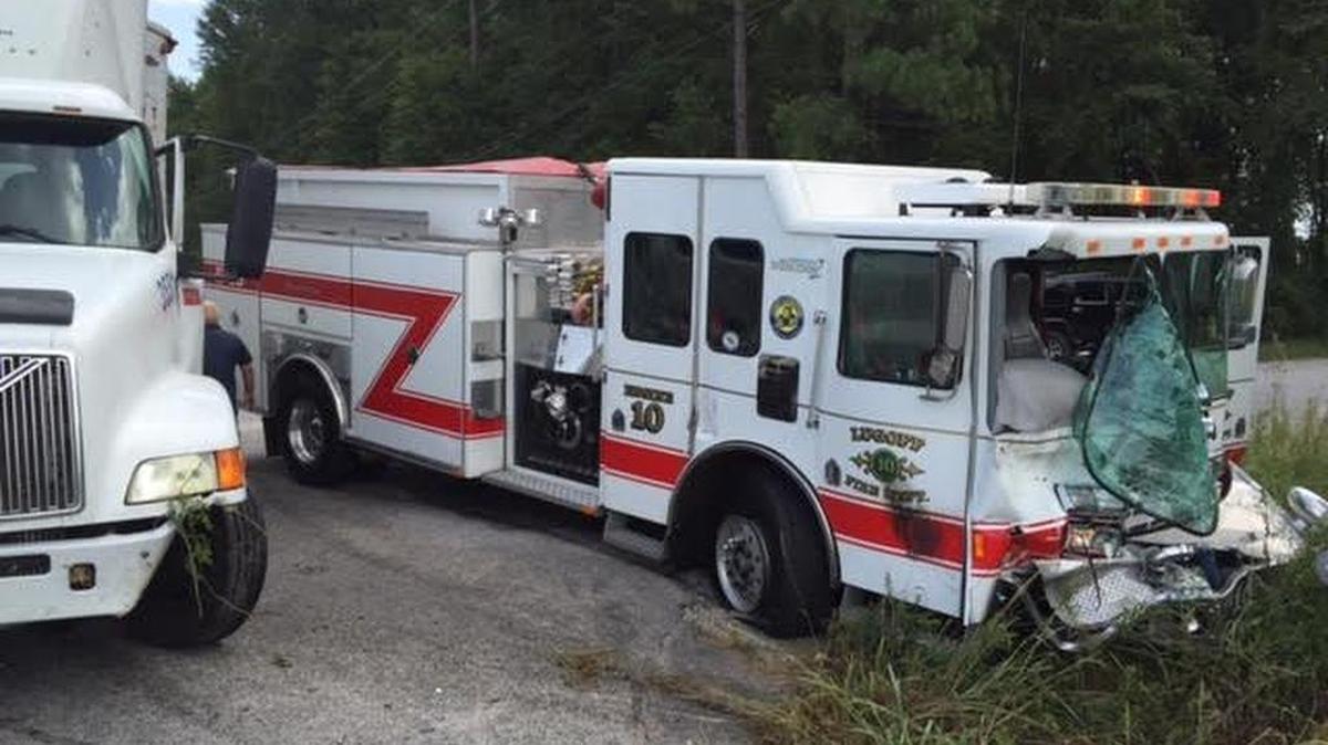 A Lugoff Fire-Rescue engine and a tractor tractor crashed at the intersection of U.S. 1 and Whitehead Road Wednesday.