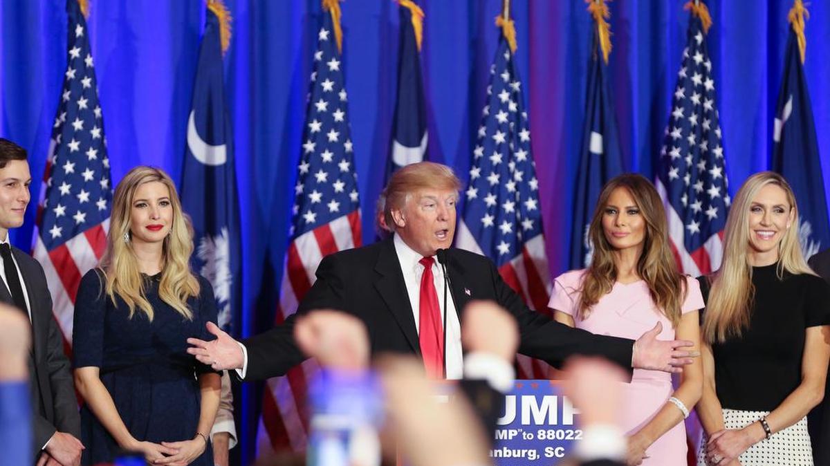 FILE: Republican presidential frontrunner Donald Trump thanks South Carolina with family members during his watch party at the Spartanburg Marriott Heritage Ballroom.