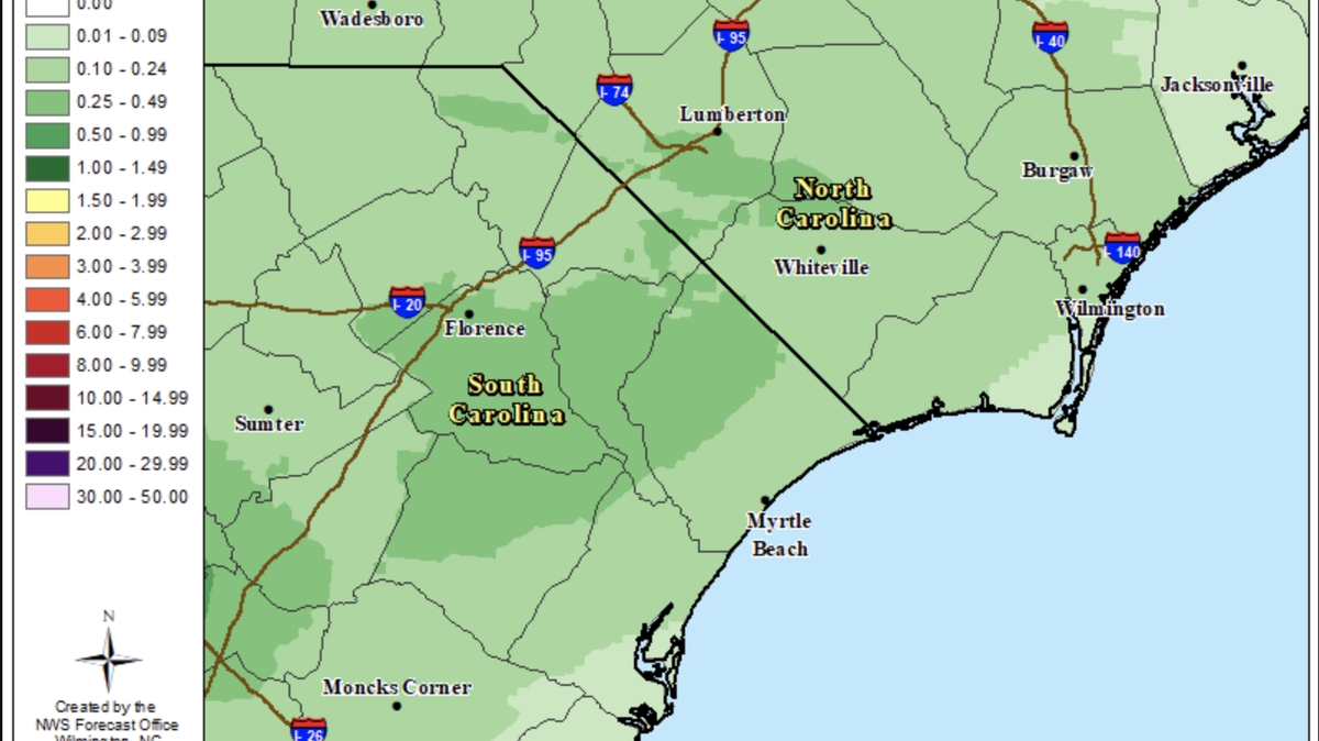 Screenshot of NWS precipitation forecast through May 15 for Myrtle Beach area.