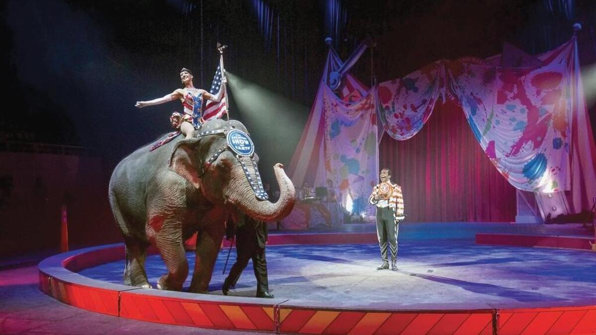 
In this photo taken on Thursday, Feb. 19, 2015, ringmaster Andre McClain, center, holds his hat to his heart as the national anthem is played during the opening of the Ringling Brothers and Barnum & Bailey Circus, Built To Amaze show at Knoxville Civic Coliseum, Knoxville, Tenn. The circus will phase out the show's iconic elephants from its performances by 2018, telling The Associated Press that growing public concern about how the animals are treated led to the decision.
