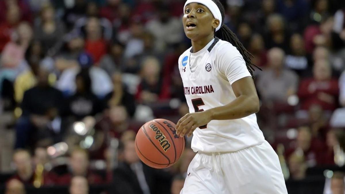 South Carolina's Khadijah Sessions brings the ball down the court during the first half in a second-round women's college basketball.