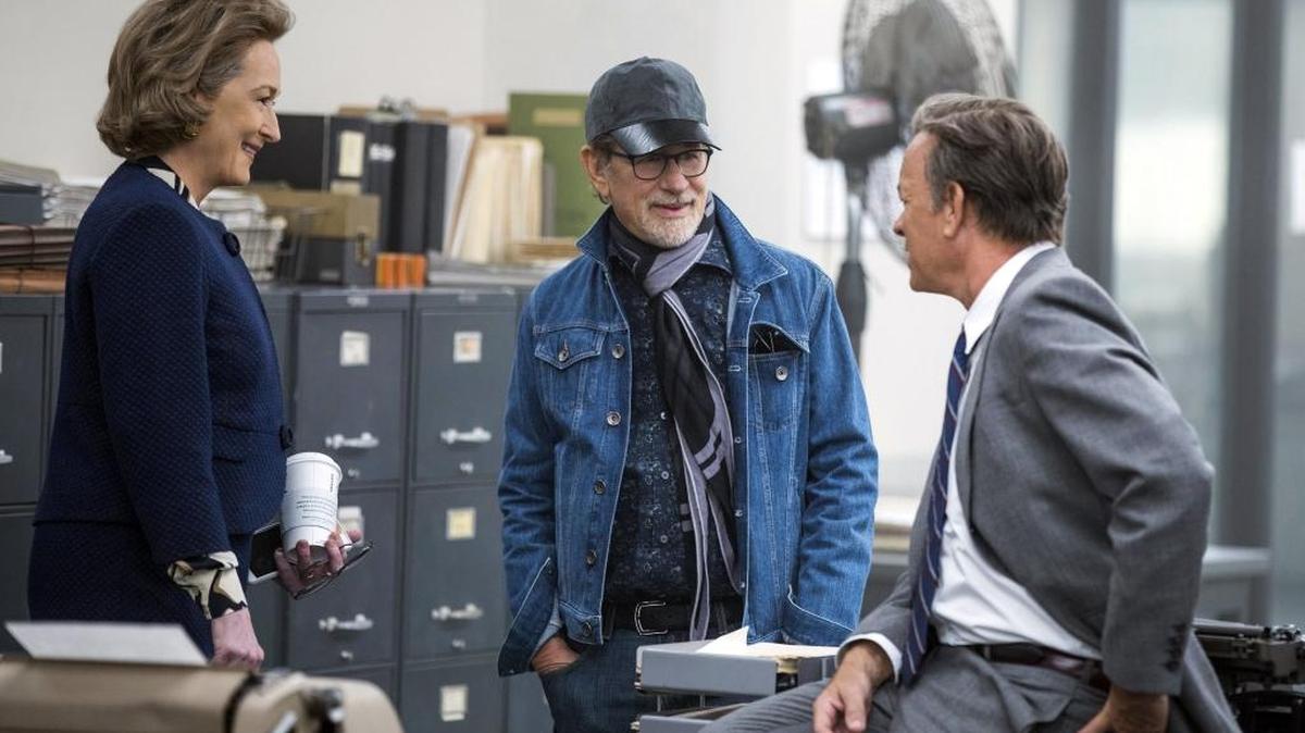 This image released by 20th Century Fox shows actress Meryl Streep, from left, director Steven Spielberg, and actor Tom Hanks on the set of "The Post." Spielberg was not nominated for an Oscar for best director, Tuesday, Jan. 23, 2018.