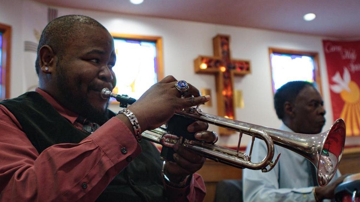 James “Bull” Canty, 37, plays trumpet at Mount Olive AME Church in Myrtle Beach on Dec. 6. Canty has just released a CD of holiday songs, which features local talent.