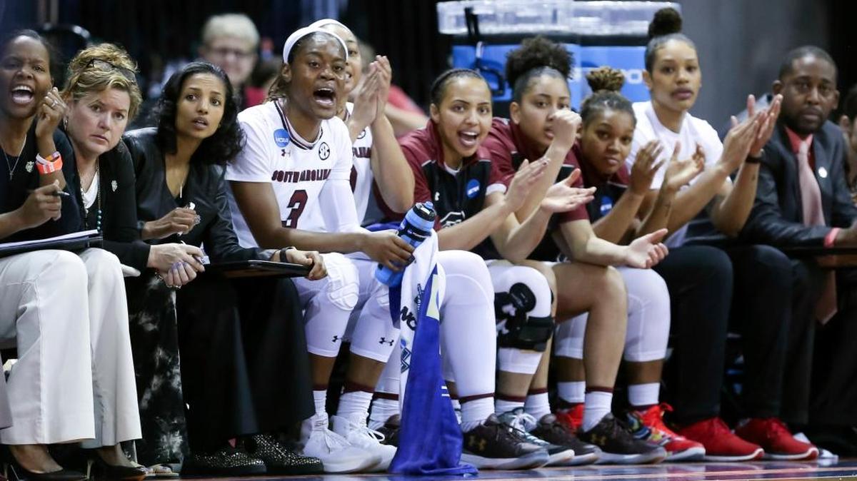 South Carolina players cheer from the bench during the first half of a their regional semifinal against Quinnipiac on Saturday.
