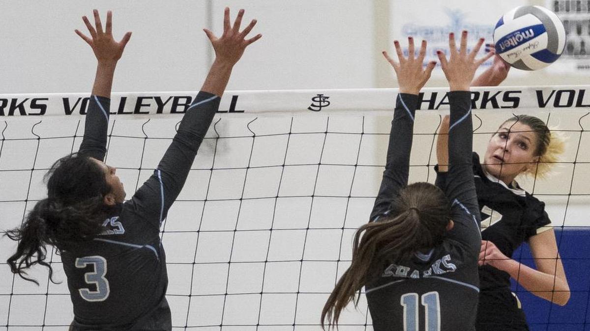 Socastee’s Kysta Tesone blast the ball past St. James defenders to score for Socastee. Socastee High School beat St. James three games to one in the match on Wednesday, Aug. 24, 2016.