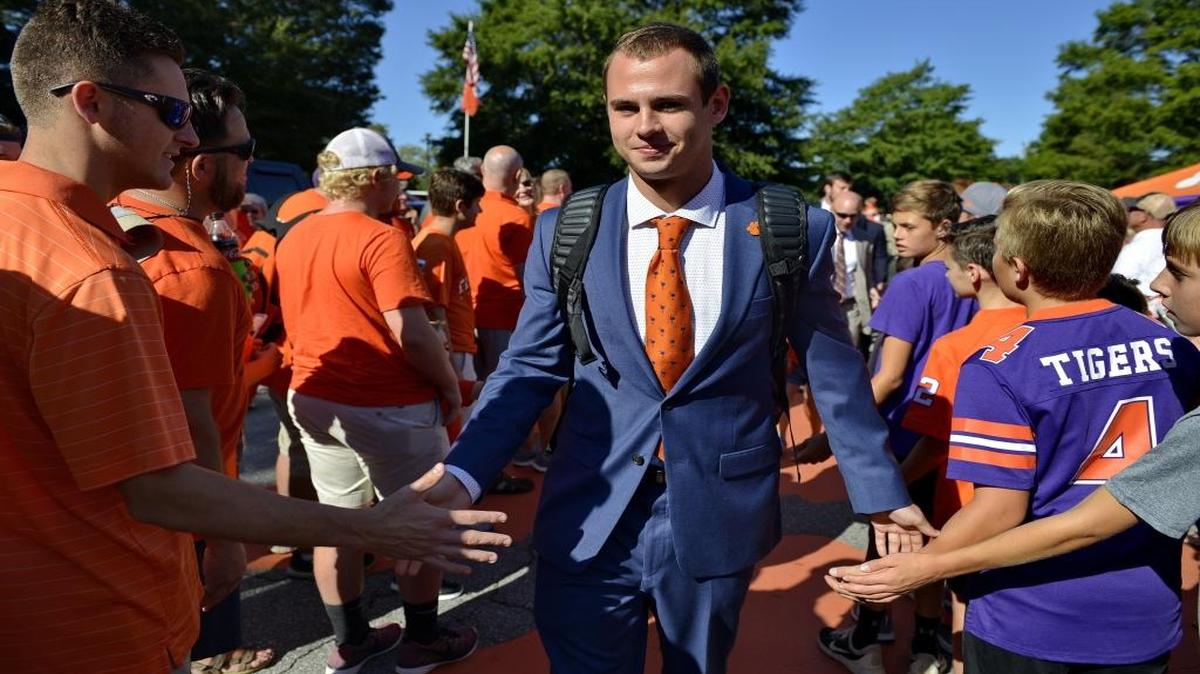 Clemson's Hunter Renfrow greets fans before the start of a Week 1 game against Kent State.