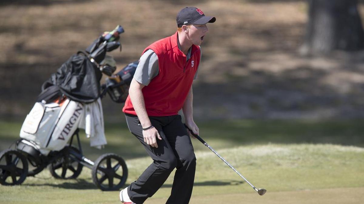 Stephen Franken of NC State, reacting to a missed birdie putt in the 2018 General Hackler Championship in Myrtle Beach, on May 16, 2018 helped the Wolfpack advance to the 2018 NCAA Championship.