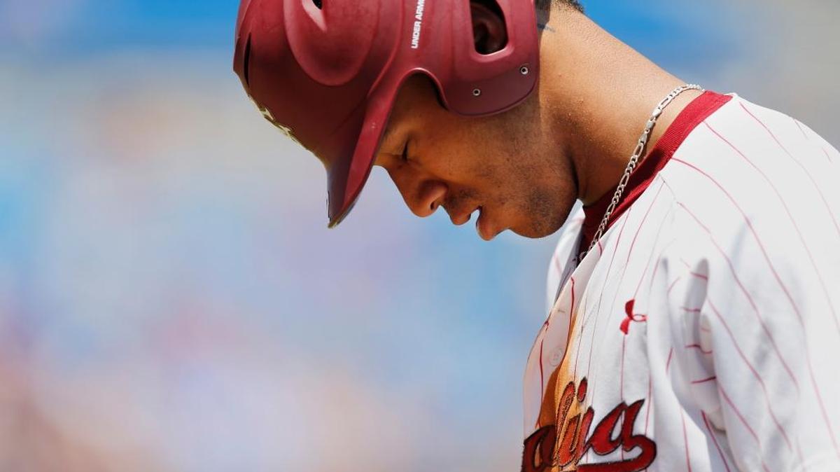 South Carolina outfielder Dom Thompson-Williams looks down as he leaves the field in the ninth inning against Texas A&M Thursday in Hoover, Ala.