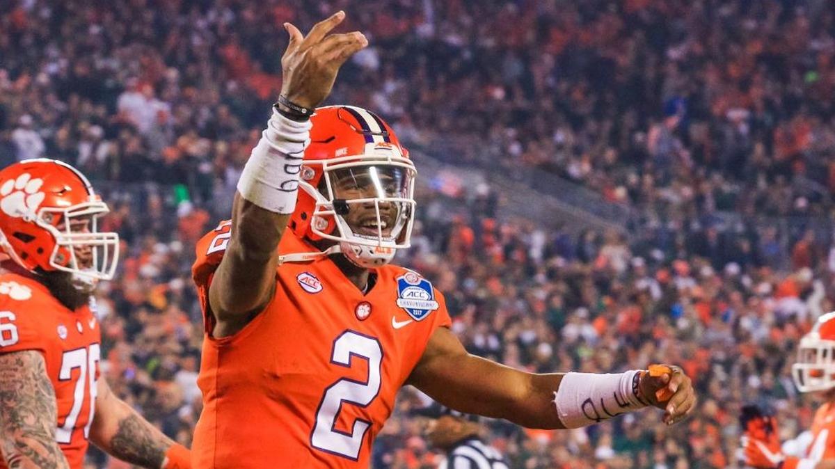 Clemson Tiger quarterback Kelly Bryant (2) celebrates a touchdown during of the first half of the ACC Championship game on Saturday.