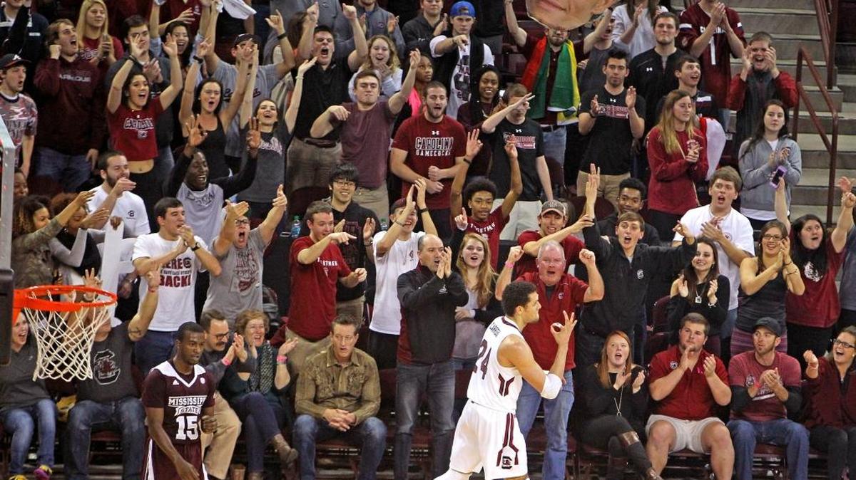 South Carolina's Michael Carrera celebrates his buzzer beating shot in the first half of their game against Mississippi State at the Colonial Life Arena, in Columbia, SC, Tuesday, January 26, 2016.