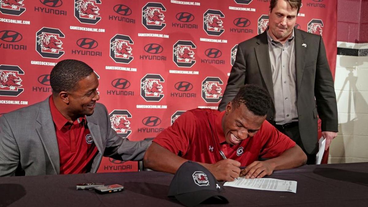 Wide receiver Bryan Edwards takes part in a signing ceremony for all of South Carolina's midyear signees